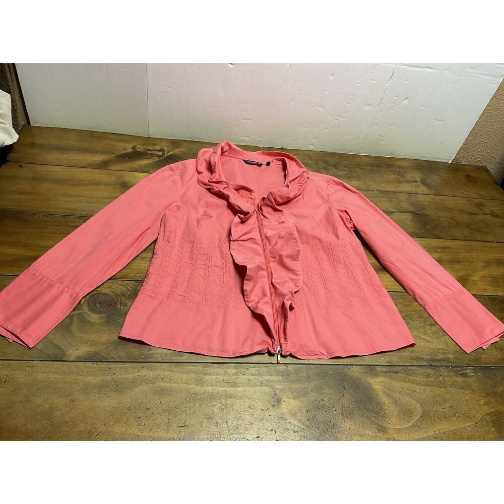 Samuel Dong Blouse Size M Dressy Wired Ruffles Zip Front Pink French Cuffs